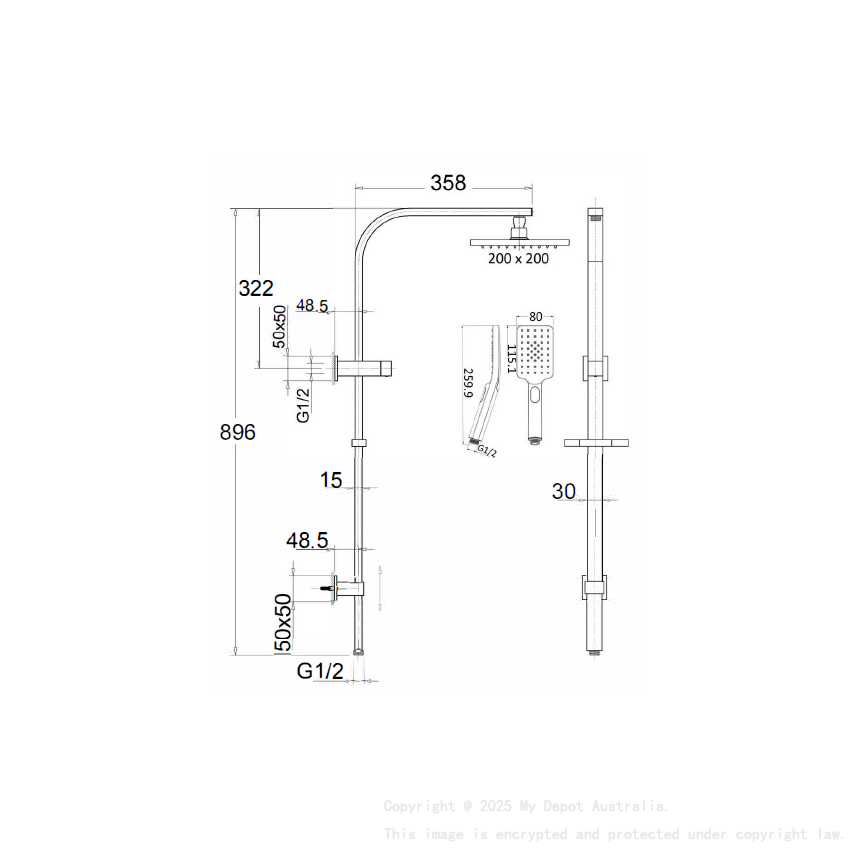 Eden Square Multi-function Shower Set Brushed Gold, 200mm Plastic Shower Head