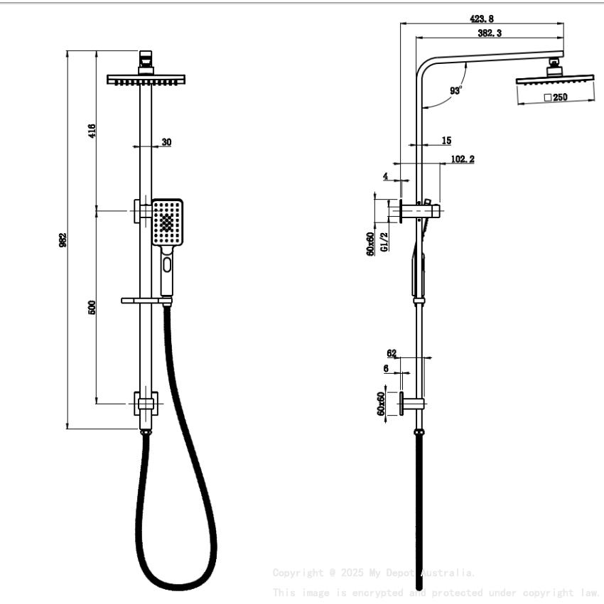 New Eden Square Multi-function Shower Set Chrome, 250mm Plastic Shower Head