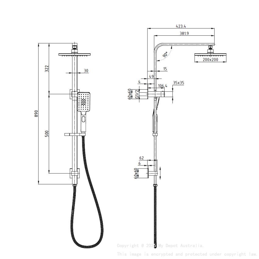 New Eden Square Multi-function Shower Set Chrome, 200mm Plastic Shower Head