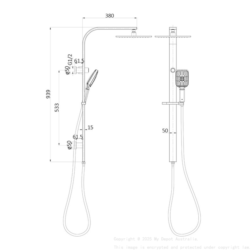 Sando Square MultiFunction Shower Set Matt Black, 250mm Plastic Shower Head