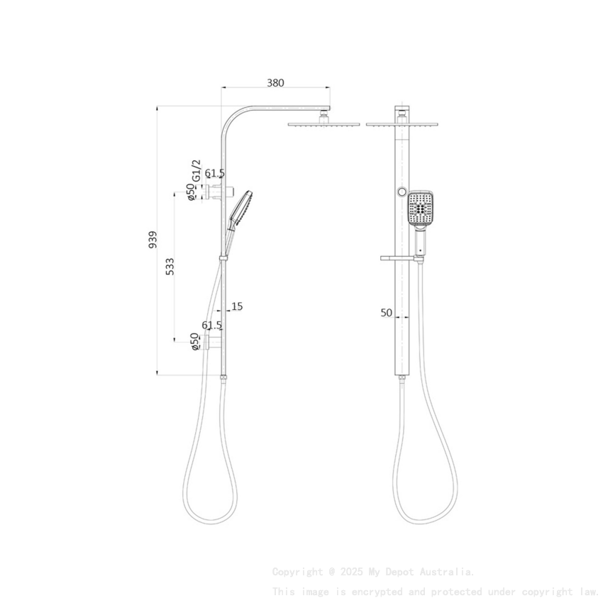 Sando Square MultiFunction Shower Set Chrome,250mm Plastic Shower Head