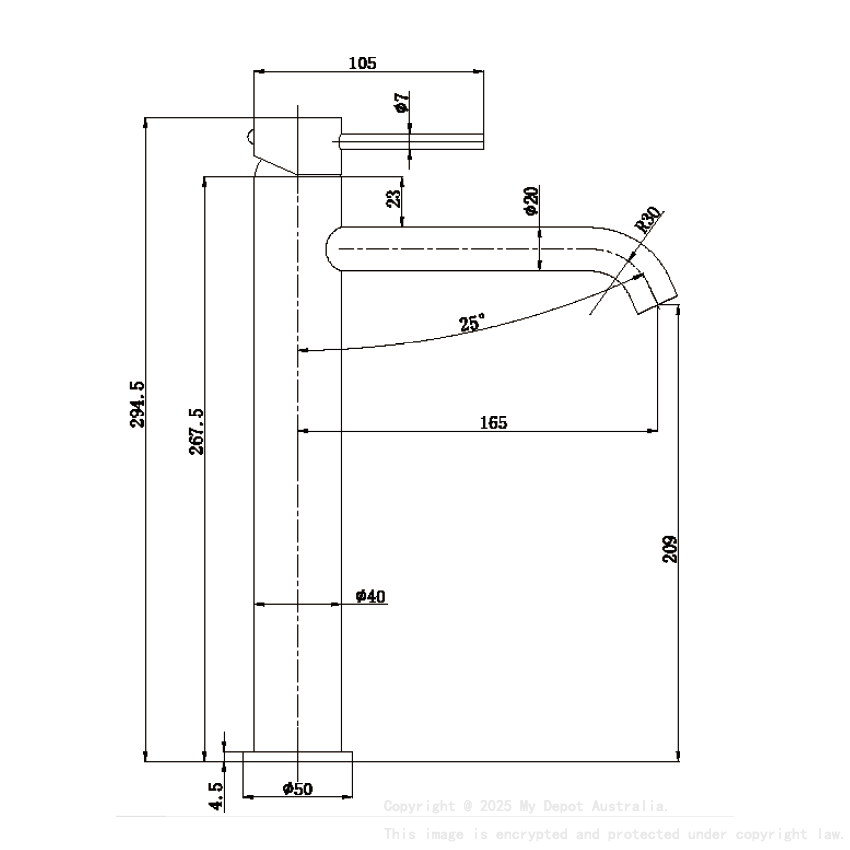 Otus Slimline SS Highrise Basin Mixer Curved Spout Brushed Copper