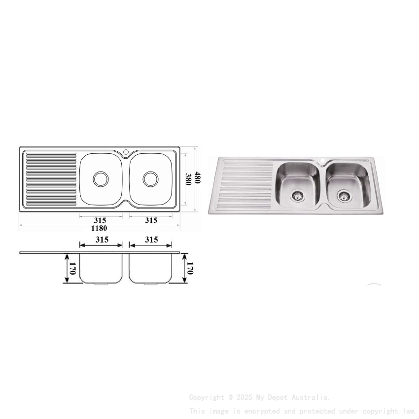 Eden Double Bowl & Single Drainer 1180 x 480 x 170mm