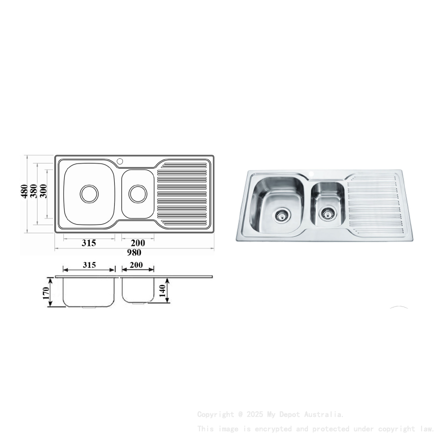 Eden 1 & 1/4 Bowl & Single Drainer 980 x 480 x 170mm