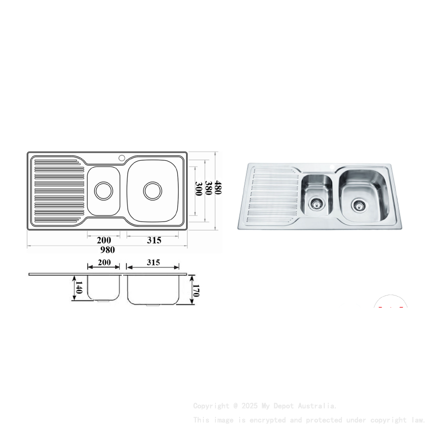 Eden 1 & 1/4 Bowl & Single Drainer 980 x 480 x 170mm