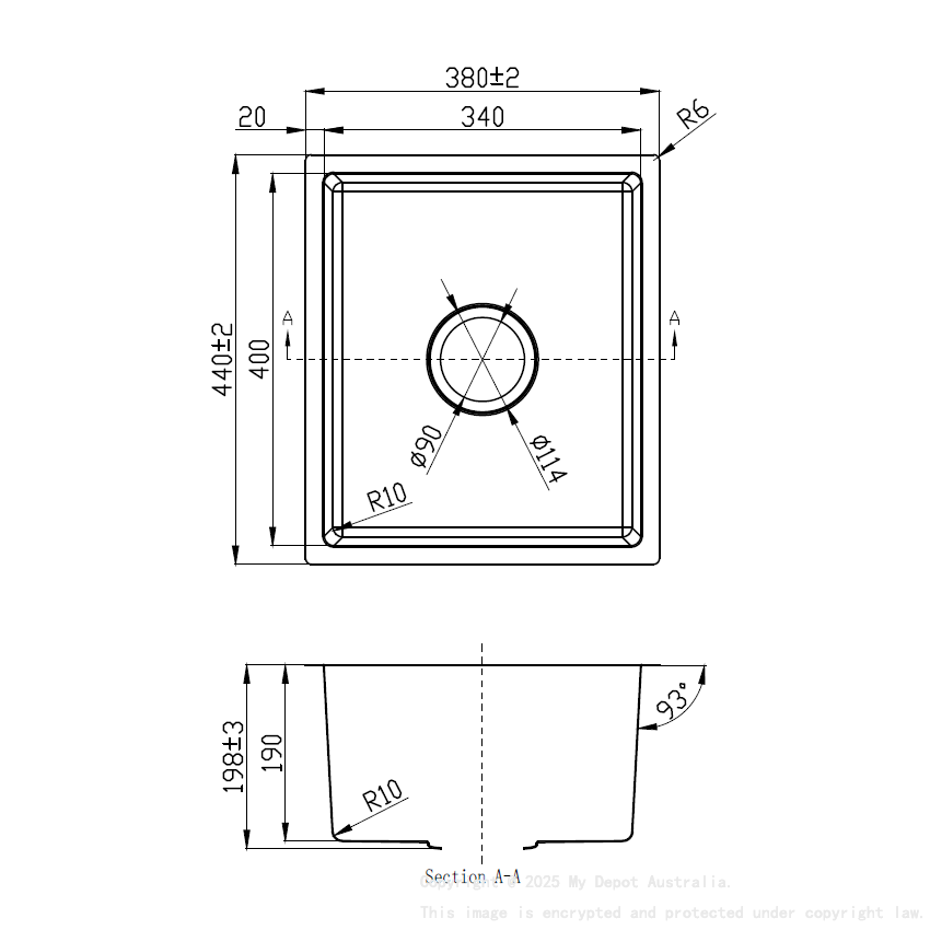 New Cora Single Bowl Above/Undermout Sink 340mm,93 Degree
