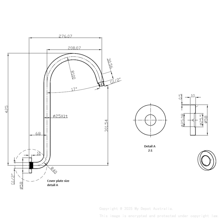 Clasico Gooseneck  Shower Arm High Rise Brushed Nickel