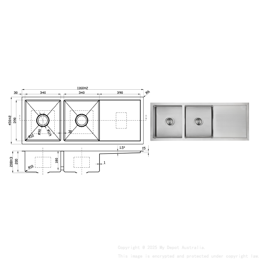 Eden Double Bowl & Single Drainer Sink 1160mm x 450mm x 208mm Stainless Steel
