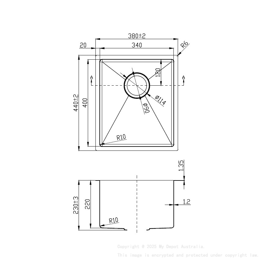 Eden Single Bowl Above/Undermount Sink (R10 Corner),230mm Depth 304 Stainless Steel
