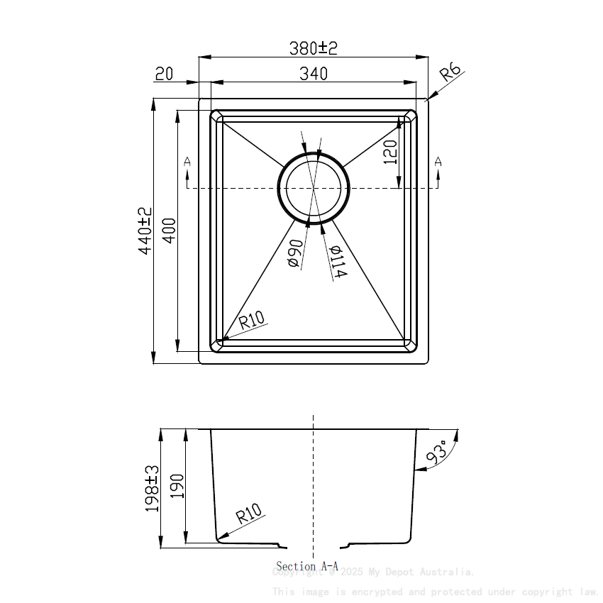 Eden Single Bowl Undermount Sink 340mm (R10 Corner,93 degree) 304 Stainless Steel 
