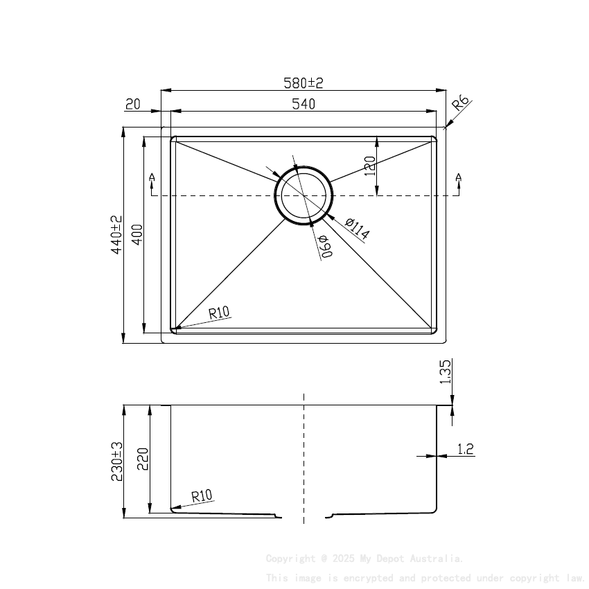 Eden Single Bowl Above/Undermount Sink (R10 Corner),230mm Depth 304 Stainless Steel