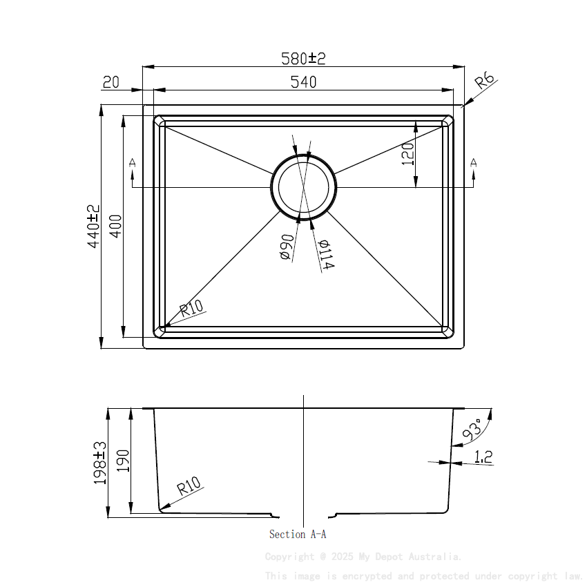 Eden Single Bowl Above/Undermount Sink 540mm (R10 Corner,93 degree) 304 Stainless Steel 