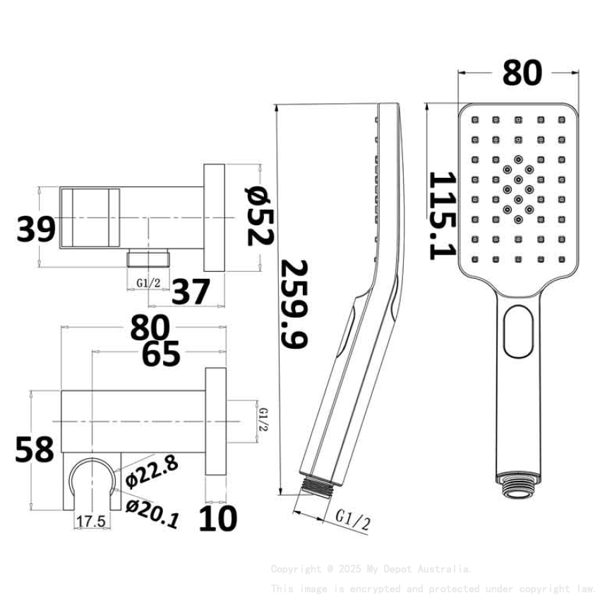 Eden Square Hand Shower On Wall Outlet Bracket Matt Black