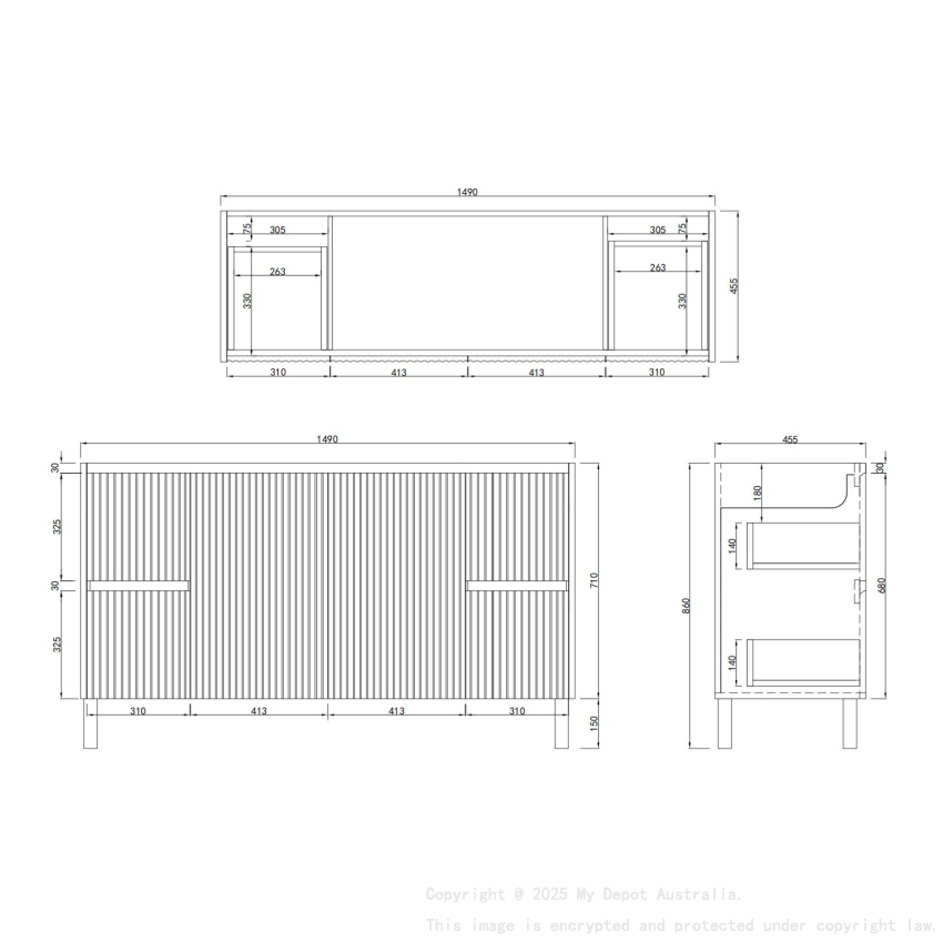 1500mm Brio Matte White 2PAC Coating PVC Freestanding Elegant Wave-Like Fluted Design Bathroom Vanity Cabinet Only