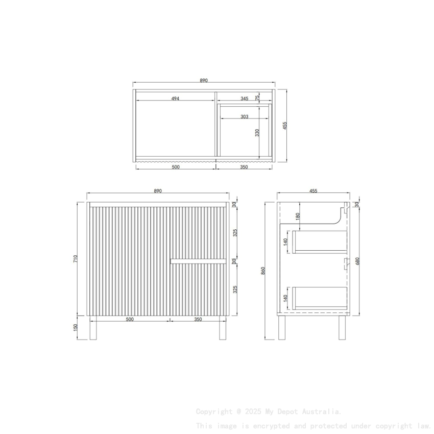 900mm Brio Matte Black 2PAC Coating PVC Freestanding Elegant Wave-Like Fluted Design Bathroom Vanity Cabinet Only