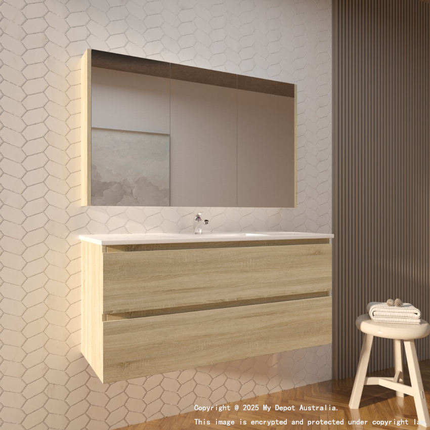 1200mm White Oak MDF Bathroom Vanity 2 Drawers Wall Hung Cabinet Only 