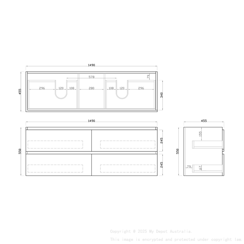 1500mm Dark Grey MDF Bathroom Vanity 4 Drawers Wall Hung Cabinet Only 