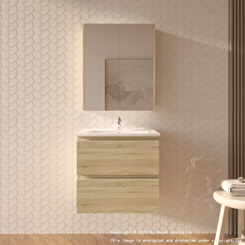 600mm White Oak MDF Bathroom Vanity 2 Drawers Wall Hung Cabinet Only 