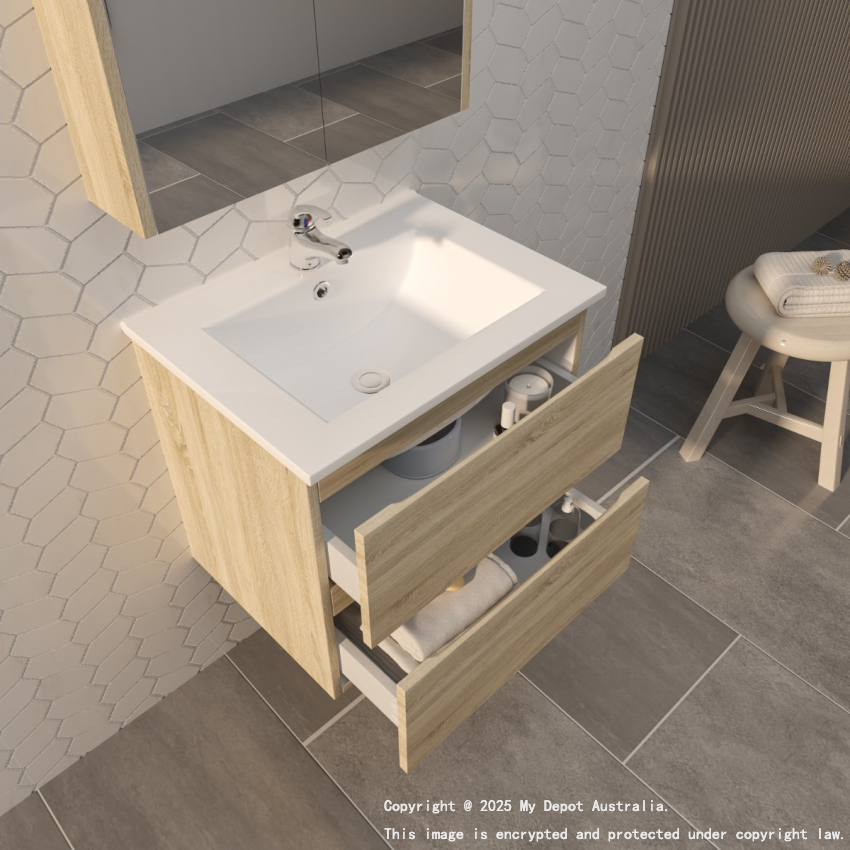 600mm White Oak MDF Bathroom Vanity 2 Drawers Wall Hung Cabinet Only 