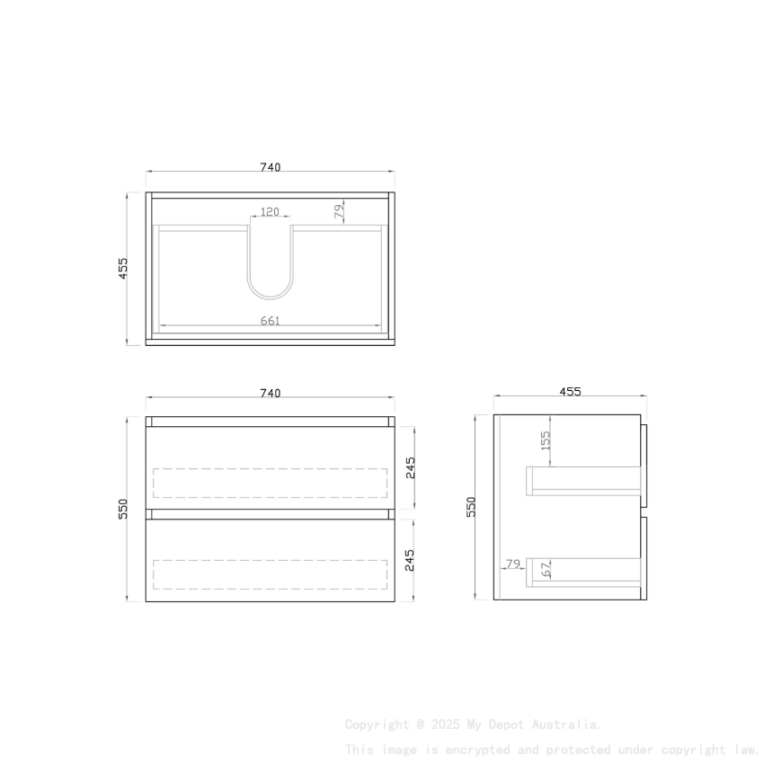 750mm Dark Grey MDF Bathroom Vanity 2 Drawers Wall Hung Cabinet Only 
