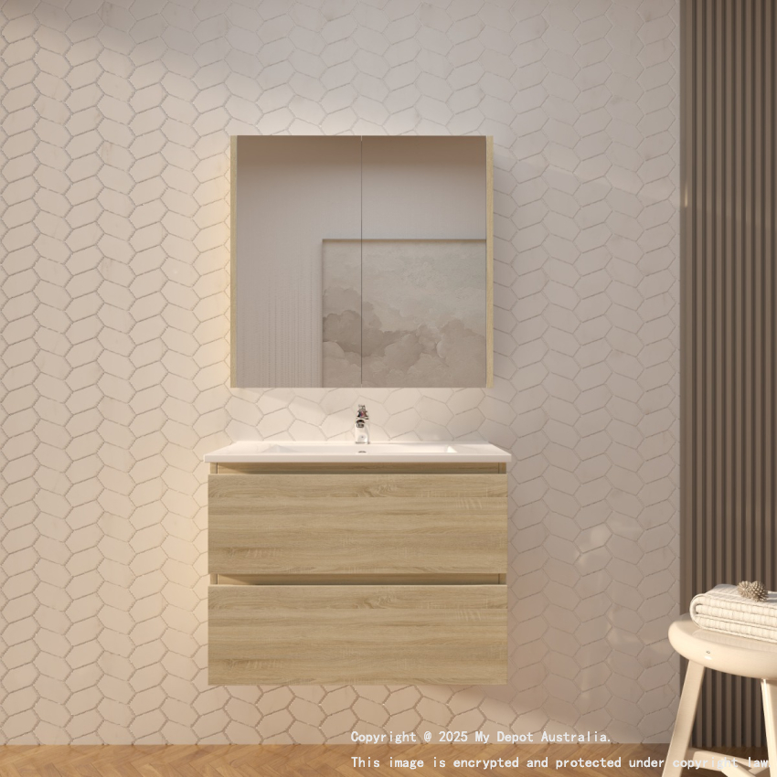 750mm White Oak MDF Bathroom Vanity 2 Drawers Wall Hung Cabinet Only 