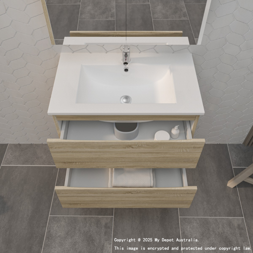 750mm White Oak MDF Bathroom Vanity 2 Drawers Wall Hung Cabinet Only 