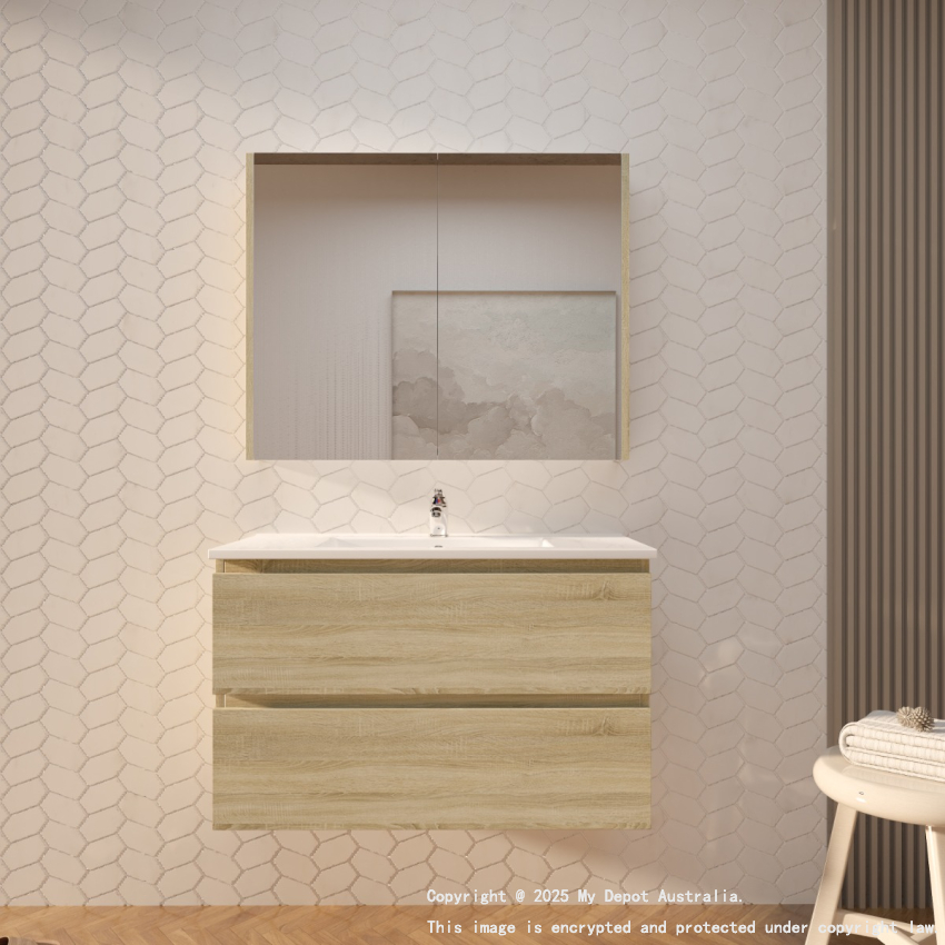 900mm White Oak MDF Bathroom Vanity 2 Drawers Wall Hung Cabinet Only 