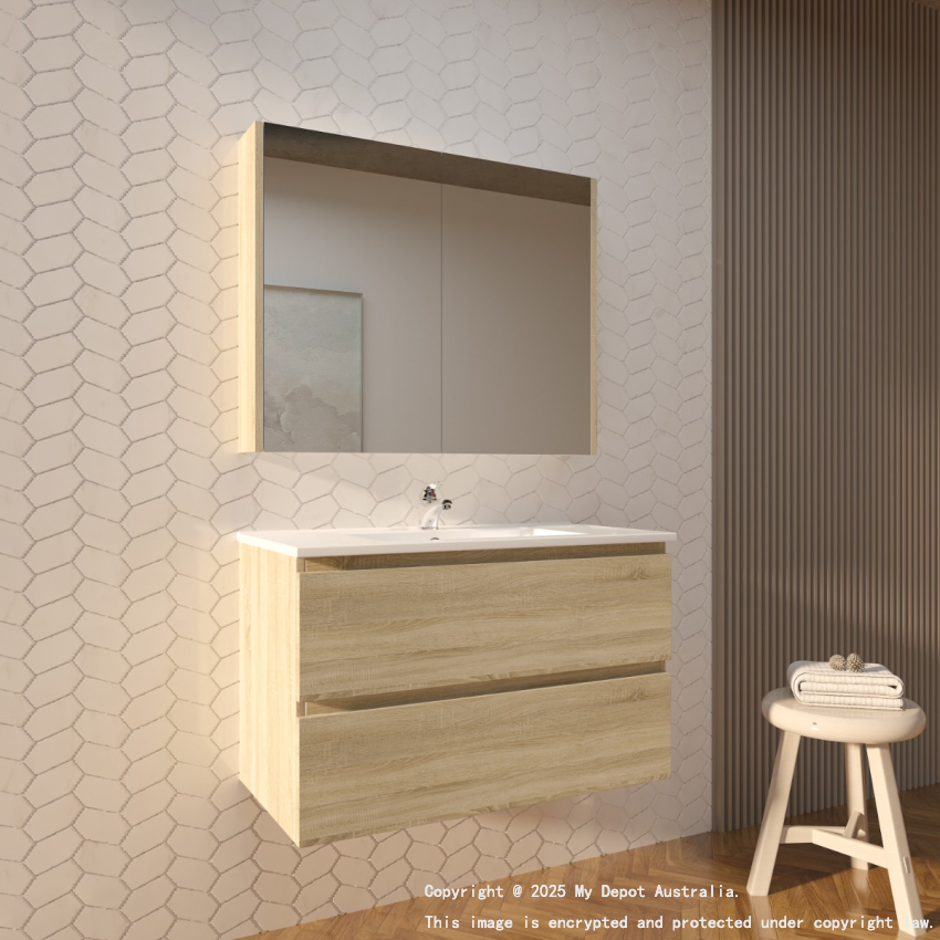 900mm White Oak MDF Bathroom Vanity 2 Drawers Wall Hung Cabinet Only 