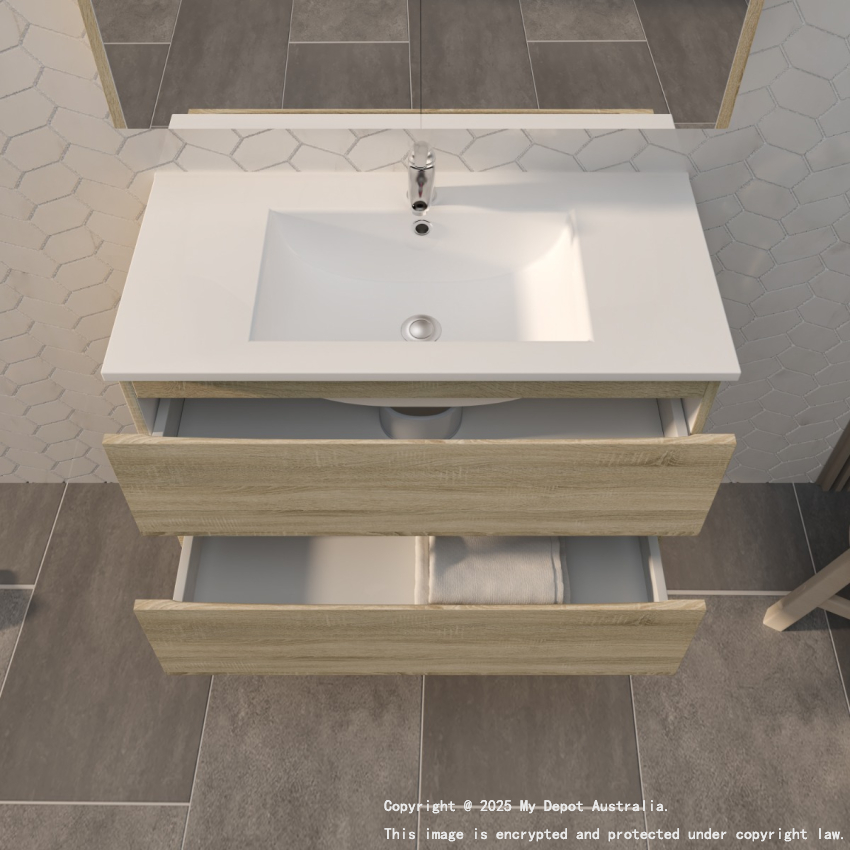 900mm White Oak MDF Bathroom Vanity 2 Drawers Wall Hung Cabinet Only 