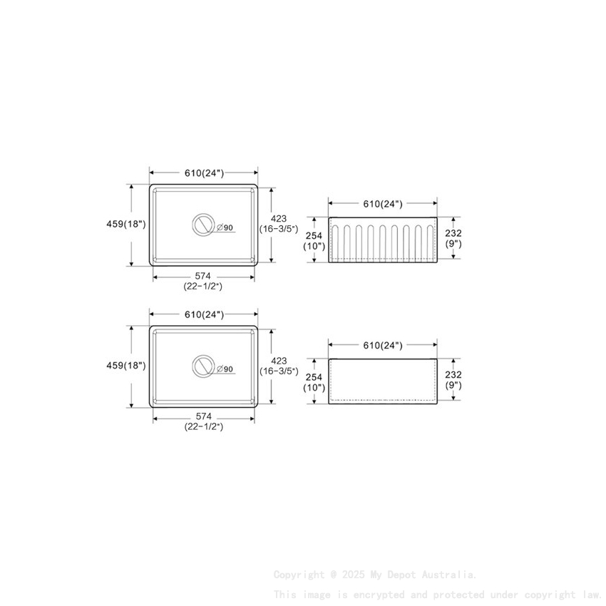Size:610*459*254mm Bowl Size:574*423*232mm Gloss White Rocca Fine Fireclay Farm House Buttler Sink Single Bowl Grid And Waste Included