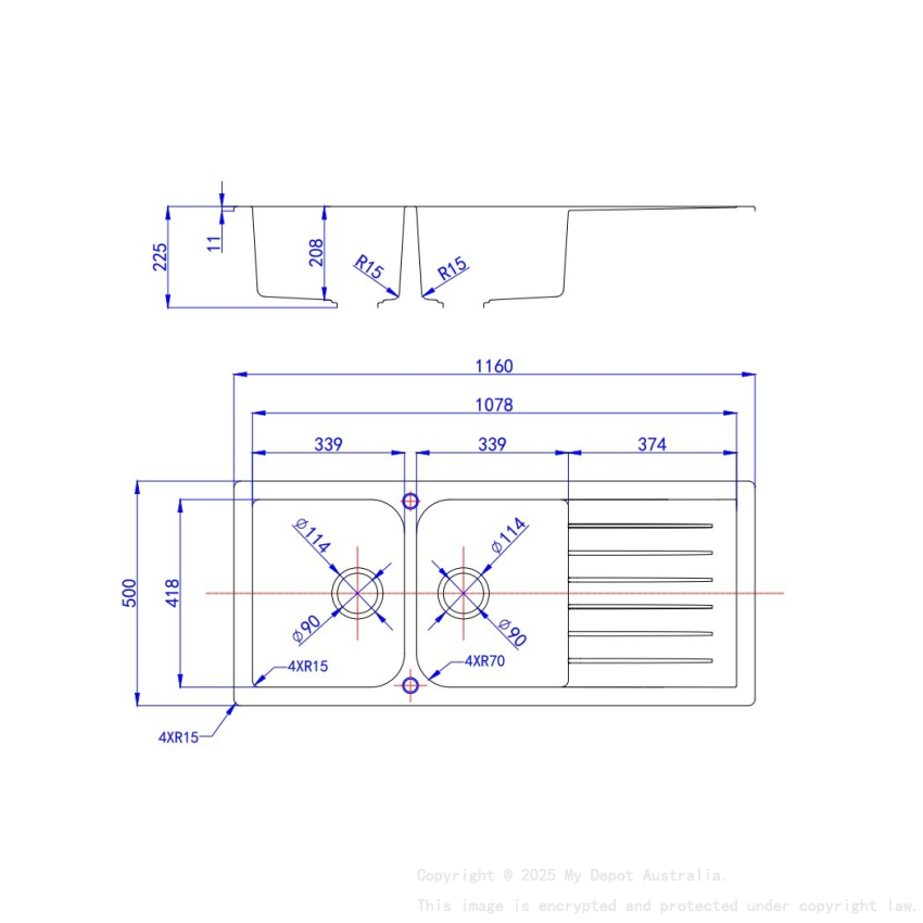Size:1160*500*225mm Bowl: 339*418*208mm Matte Black Crete Granite Sink Double Bowl with Drainer