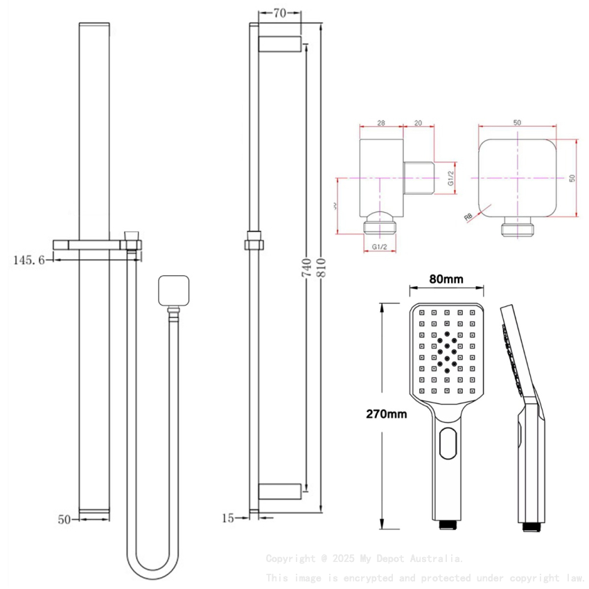 Bellino High Gloss Black Sliding Shower Rail(ABS Handheld Shower)