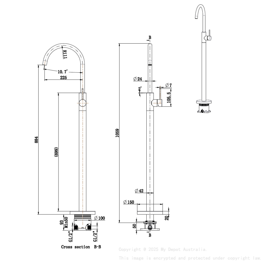 Otus Slimline  FreeStanding Bath Mixer Gun Metal