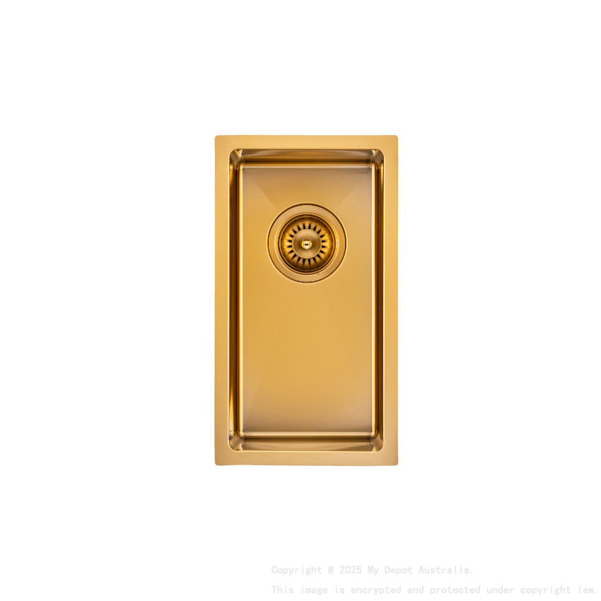 304 Stainless Steel Brushed Gold PVD Coating Single Bowl Kitchen Sink(Round Edges,with Bottom Tray)250*450*215mm