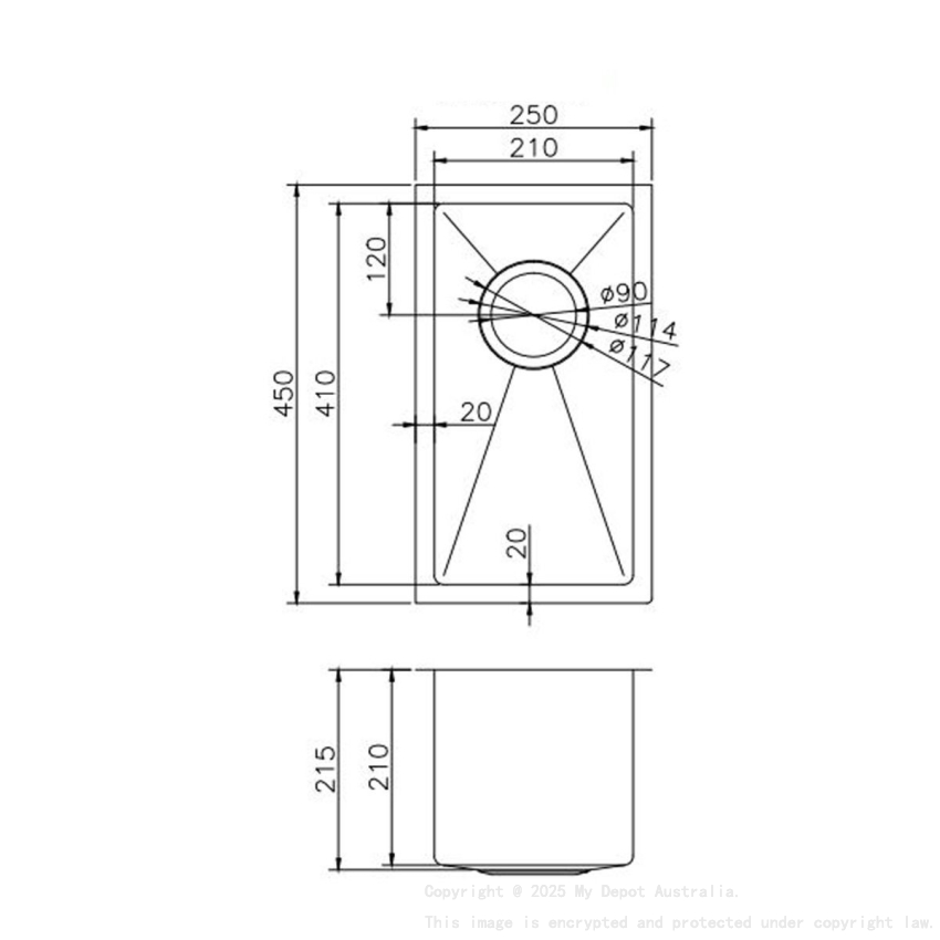 304 Stainless Steel Brushed Gold PVD Coating Single Bowl Kitchen Sink(Round Edges,with Bottom Tray)250*450*215mm