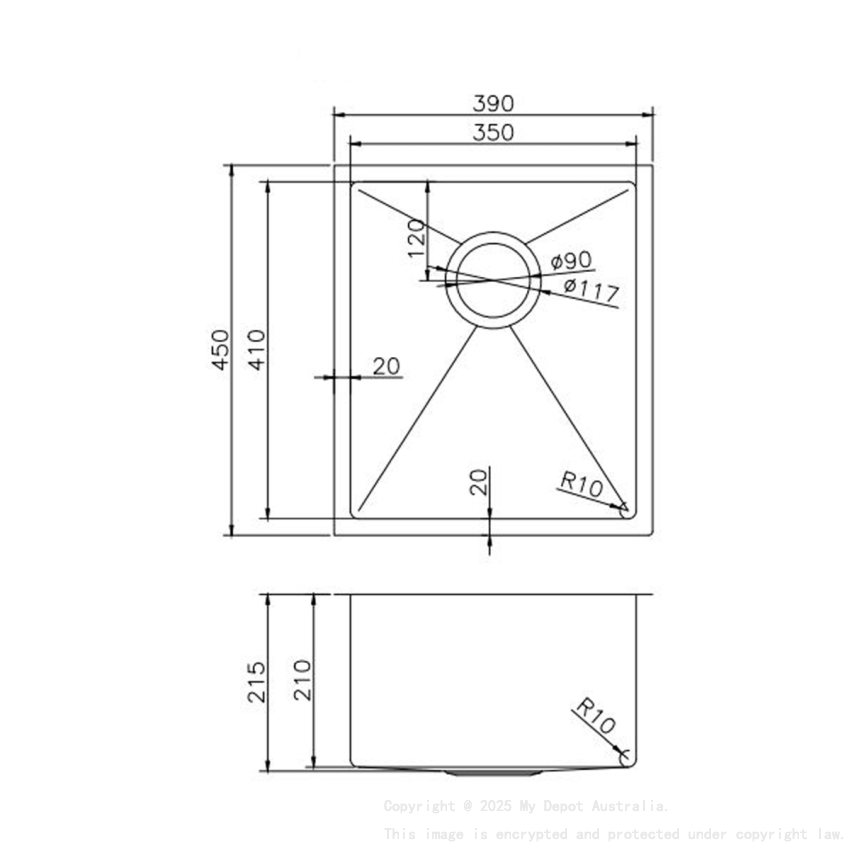 304 Stainless Steel Brushed Gold PVD Coating Single Bowl Kitchen Sink(Round Edges,with Bottom Tray)390*450*215mm