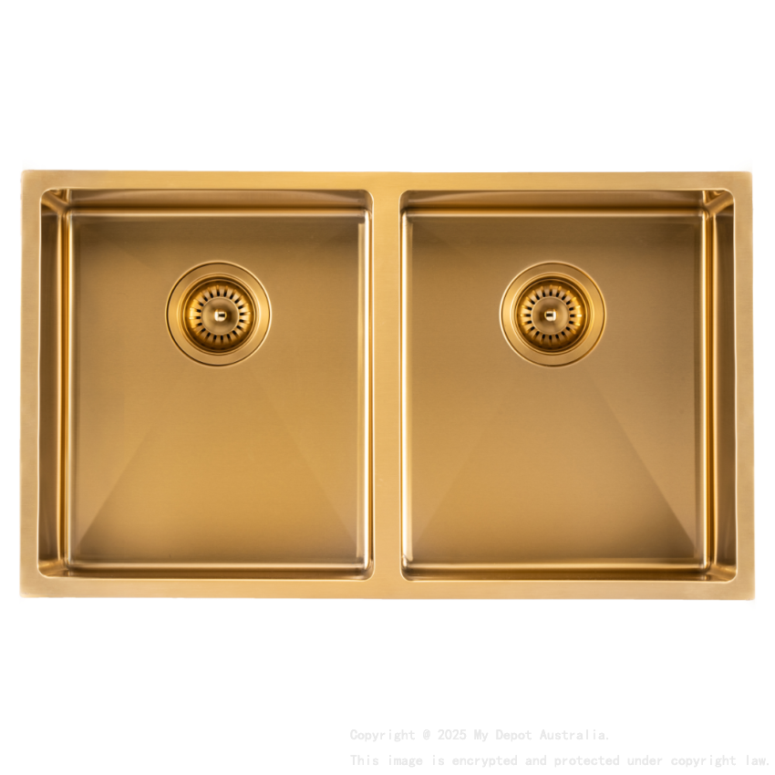 304 Stainless Steel Brushed Gold PVD Coating Double Bowl Kitchen Sink(Round Edges,with Bottom Tray)770*450*215mm