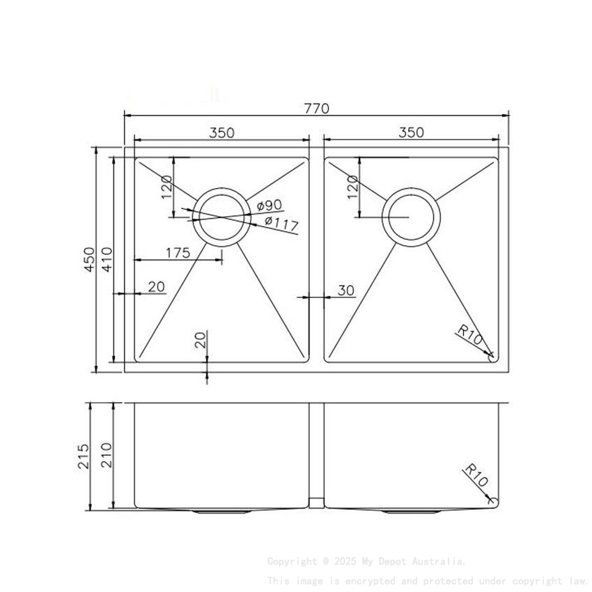 304 Stainless Steel Brushed Gold PVD Coating Double Bowl Kitchen Sink(Round Edges,with Bottom Tray)770*450*215mm
