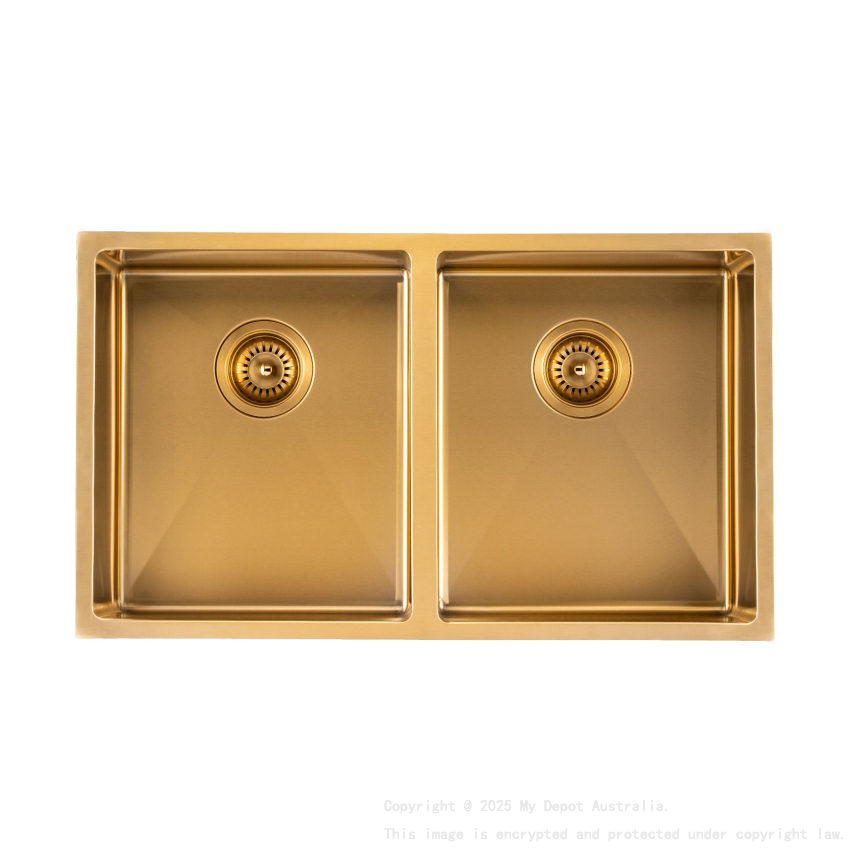 304 Stainless Steel Brushed Gold PVD Coating Double Bowl Kitchen Sink(Round Edges,with Bottom Tray)820*457*230mm