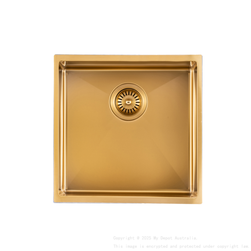 304 Stainless Steel Brushed Gold PVD Coating Single Bowl Kitchen Sink(Round Edges,with Bottom Tray)440*440*205mm