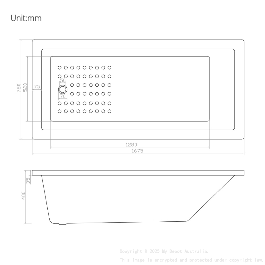 1675*400*750mm Gloss White Viva Anti Slippery Island Bath