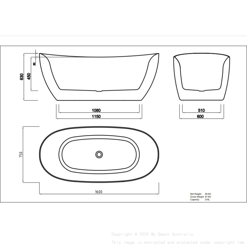 1600X750X630mm Gloss White Valla Acylic Free Standing Bathtub No Overflow Chrome Waste And Pipe Included