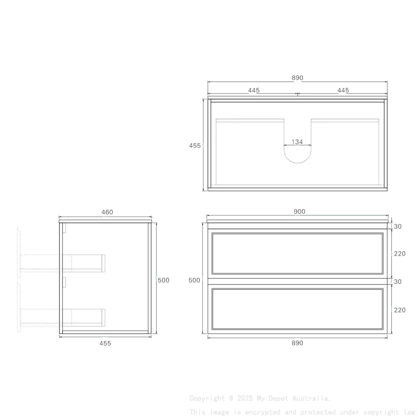 890*455*560mm Matte Black Hamilton Federation Wall Hung PVC Cabinet Two Drawers