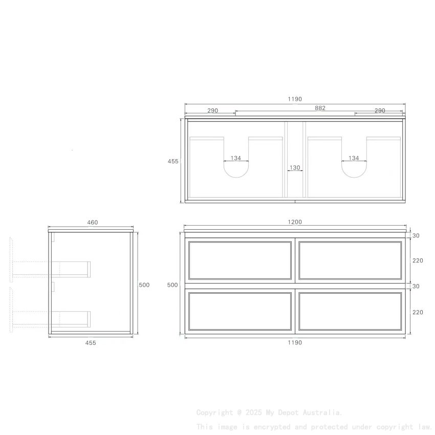 1190*455*500mm Matte Grey New Hamilton Federation Slim Wall Hung Cabinet For Single Bowl And Double Bowl