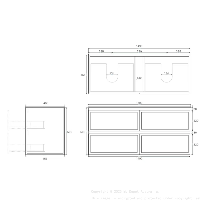 1490*455*500mm Matte Grey New Hamilton Federation Slim Wall Hung Cabinet For Single Bowl And Double Bowl