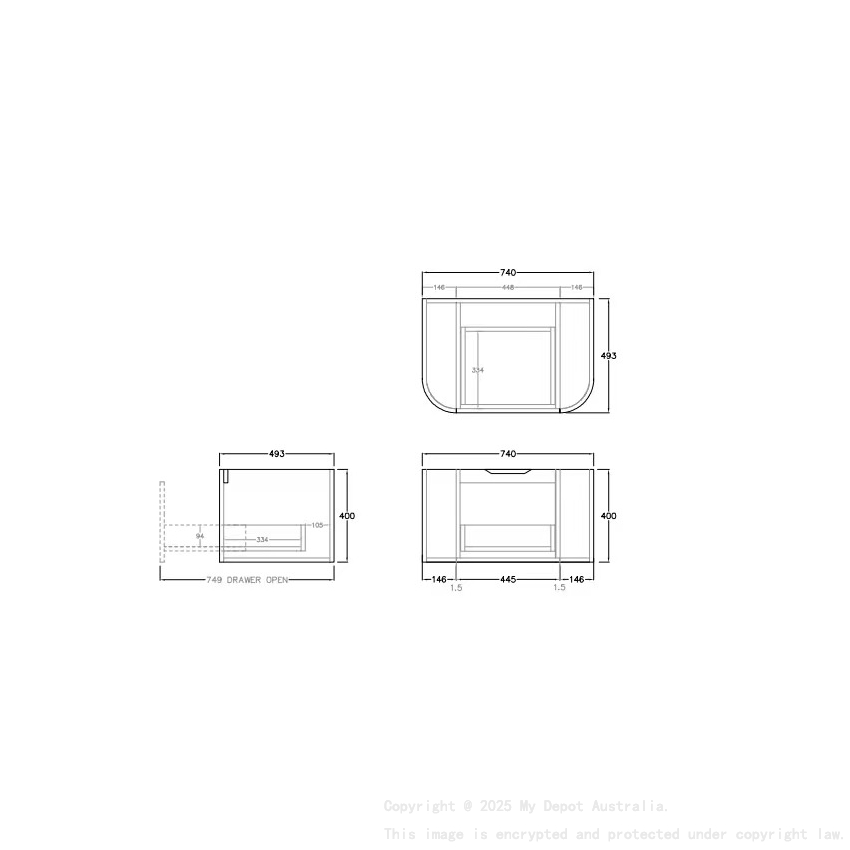 740*493*400mm Prime Oak Agena Fluted Wood Grain Wall Hung Vanities Soft Closing Drawer Pull Out With Handle