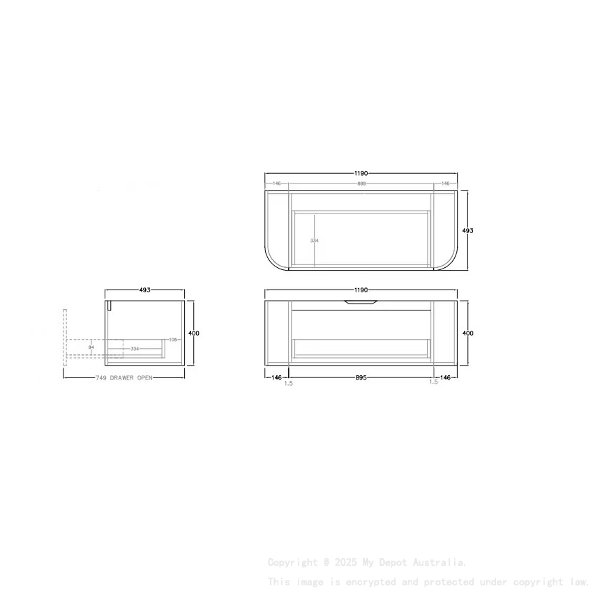 1190*493*400mm Costal Oak Agena Fluted Wood Grain Wall Hung Vanities Soft Closing Drawer Pull Out With Handle