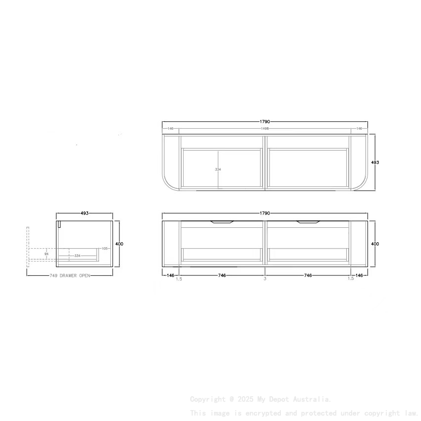 1790*493*400mm Prime Oak Agena Fluted Wood Grain Wall Hung Vanities Soft Closing Drawer Pull Out With Handle