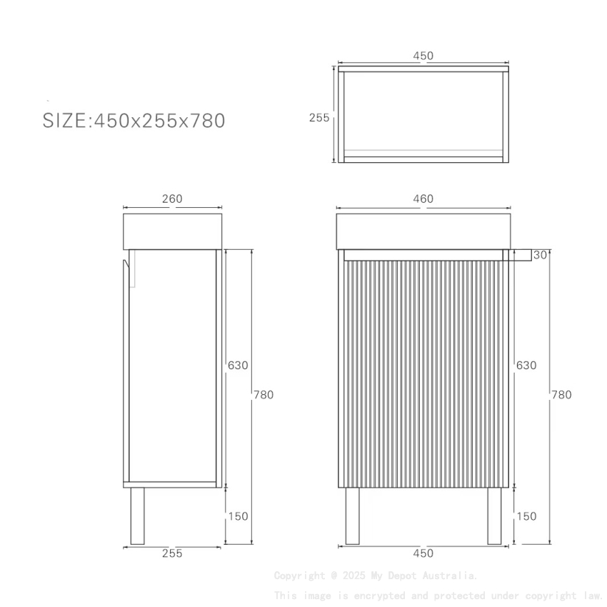 450*255*630mm Matte Black Crete Mini Free Standing PVC Cabinet