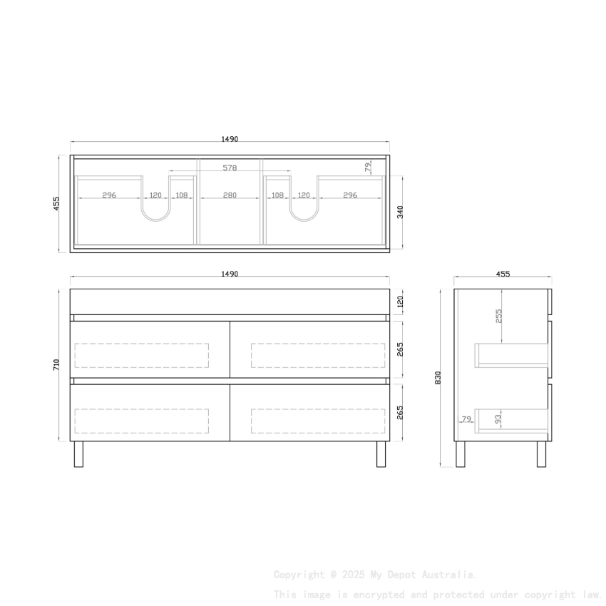 1500mm White Oak MDF Bathroom Vanity 4 Drawers Free Standing Cabinet Only
